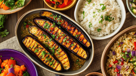 A wholesome dinner spread featuring grilled eggplant in sweet miso sauce, miso soup, rice, and colorful vegetable side dishesの素材