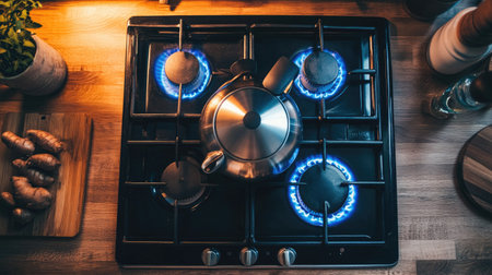 A top-down view of a stylish kettle on a gas burner, with blue flames and a cozy kitchen vibe.の素材