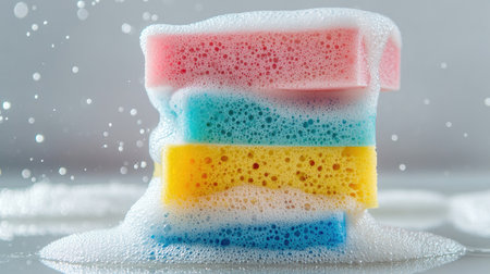 A stack of colorful dishwashing sponges on a reflective white surface, surrounded by soap suds.の素材