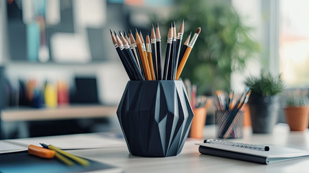 A unique geometric pencil vase holding pencils and brushes, surrounded by art supplies on a designer's desk.の素材