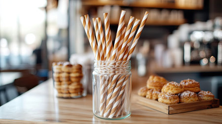 A trendy cafe counter featuring eco-friendly striped paper straws in a glass vase, alongside pastries.の素材