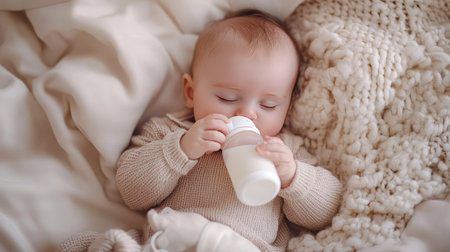 A tranquil image of a baby peacefully sleeping while holding a milk bottle, wrapped in a cozy blanket, evoking warmth and tenderness in a serene setting.の素材