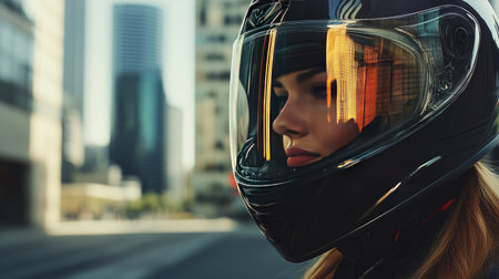 A striking close-up of a woman wearing a motorcycle helmet, capturing the reflections of city skyscrapers. This image exudes a spirit of adventure and freedom.の素材