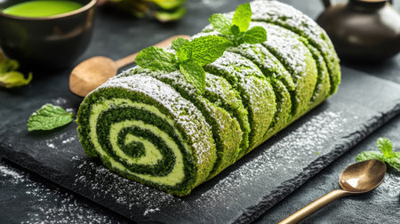 A sponge cake roll with vibrant matcha filling, garnished with fresh mint leaves and powdered sugar.の素材