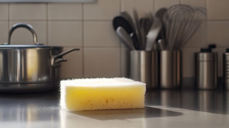 A sponge on a kitchen counter, surrounded by neatly stacked, shiny utensils.の素材
