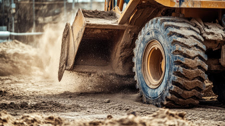 A construction vehicle maneuvers on a dusty site, skillfully moving dirt and gravel while generating a cloud of dust, exemplifying heavy machinery in action.の素材