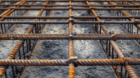 This image showcases a detailed view of reinforcement bars lying in freshly laid concrete, highlighting essential components of a construction site and safety measures.の素材