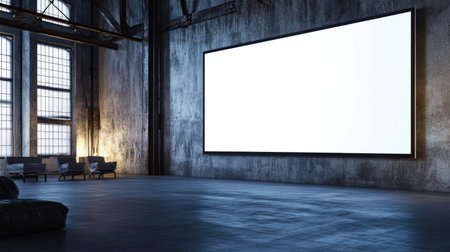 This image captures a spacious industrial interior featuring a large blank screen and bright windows. Ideal for promoting creative and collaborative environments in various settings.の素材