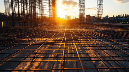 A construction site bathed in warm sunset light showcases the intricate metal rebar framework on the ground, highlighting the industrial effort behind architecture development.の素材