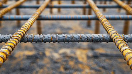 This image captures a detailed view of reinforcement bars used in construction, showcasing rusty metal textures and the preparation of a concrete foundation.の素材