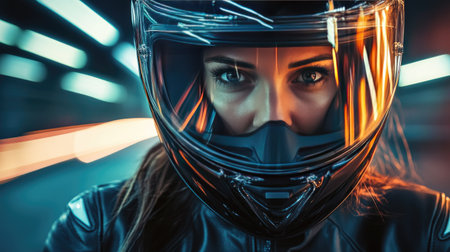 A determined female motorcyclist, with intense eyes visible behind a sleek helmet, captures the essence of speed and style against a vibrant nighttime backdrop.の素材