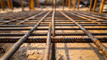 This image features a close-up view of steel rebar framework on a construction site, highlighting the industrial materials crucial for building strong and durable structures.の素材