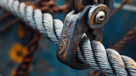 This close-up image captures a rusty metal pulley attached to a thick steel rope. The details highlight the aging process and textures in a nautical setting.の素材