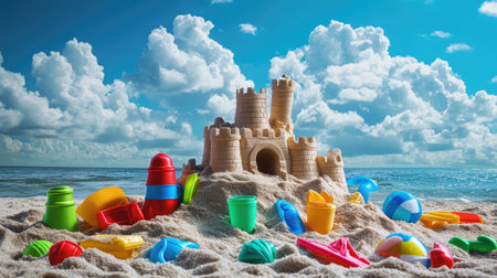 A vibrant scene of a colorful sand castle surrounded by various beach toys, with a backdrop of fluffy clouds and ocean waves, perfect for summer fun and childhood memories.の素材
