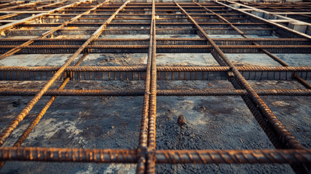 This image showcases a detailed view of steel rebar framework used in construction, emphasizing structural integrity and essential reinforcement for buildings.の素材
