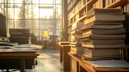 A bright office space filled with sunlight streams through large windows, highlighting stacked papers and a tidy arrangement of desks, fostering a productive atmosphere.の素材