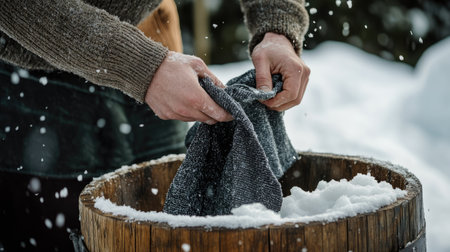 A serene winter scene featuring hands washing a dark cloth in a wooden tub filled with snow, surrounded by a peaceful snowfall, evoking a cozy, rustic atmosphere.の素材