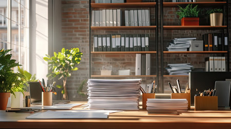 Bright and inviting office space featuring a wooden desk, neatly stacked papers, potted plants, and organized shelves, ideal for productivity and creativity.の素材