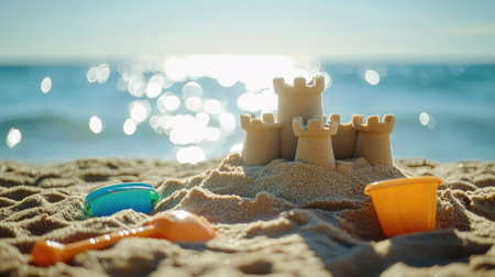 A beautiful sandcastle stands proudly on the beach, surrounded by colorful toys, capturing the joy of summer days spent by the sparkling ocean waves.の素材