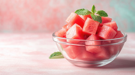 A vibrant bowl filled with freshly cut watermelon cubes showcases summer's bounty. This refreshing fruit arrangement is perfect for healthy snacks and recipes.の素材