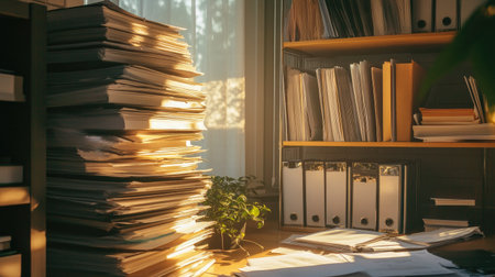 A cluttered office environment illuminated by warm sunlight, showcasing towering piles of paper and organized binders, creating a productive and cozy workspace atmosphere.の素材