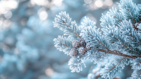 A close-up view of a frosted pine branch adorned with cones, showcasing the delicate ice crystals and serene blue tones of a winter landscape. Nature's beauty shines.の素材