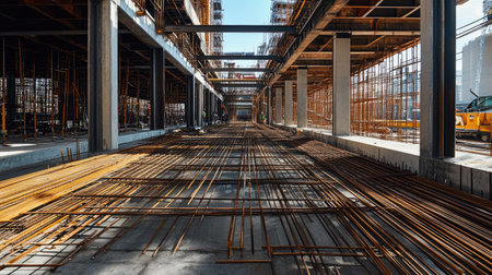 This image showcases a construction site filled with steel reinforcements creating intricate shadow patterns. The bright sunlight highlights the building materials and ongoing work.の素材