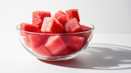 A clear bowl filled with freshly cut watermelon cubes showcases the vibrant colors and textures, perfect for summer snacks or healthy eating inspiration.の素材