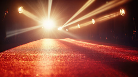 A captivating view of a red carpet illuminated by spotlight beams, creating an inviting atmosphere perfect for glamorous events, ceremonies, or performances.の素材