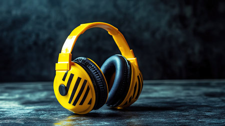 Showcasing vibrant yellow headphones with striking black accents on a textured surface. Ideal for music enthusiasts and creatives seeking striking audio gear and style.の素材