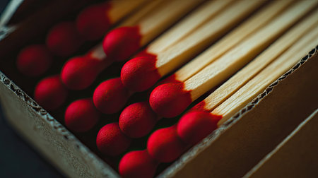 A striking close-up of wooden matches with red tips, neatly arranged in a brown box. This image highlights the texture and vibrant colors, perfect for various applications.の素材