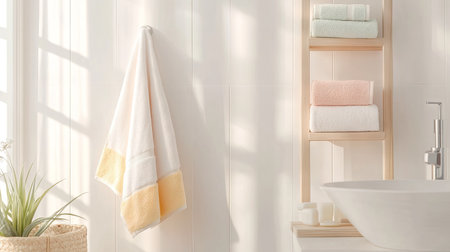 A bright and modern bathroom scene featuring soft towels and elegant decor. The natural light enhances the serene atmosphere, creating a cozy and inviting space.の素材