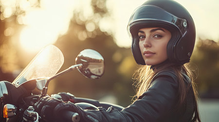 A confident young woman in a helmet and leather jacket rides her motorcycle at sunset, embodying freedom and adventure. Perfect for travel and lifestyle themes.の素材