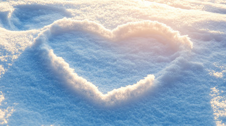 A heart shape outlined in pristine snow captures a warm sentiment in a cold winter landscape, radiating feelings of love and tranquility under a gentle sunlight glow.の素材