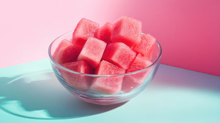 A vibrant bowl filled with fresh watermelon cubes against a soft pink and blue background, perfect for showcasing summer refreshment and healthy eating options.の素材