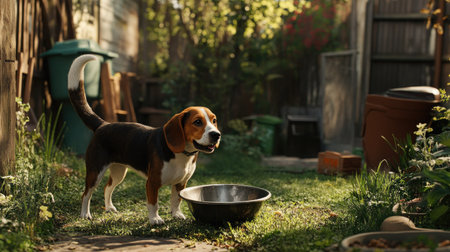 A beagle in a backyard holding an empty food bowl, wagging its tailの素材