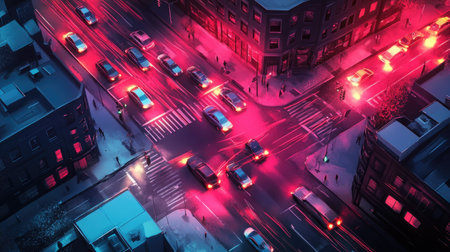 A bird's-eye view of an urban intersection, with lines of cars and glowing taillightsの素材