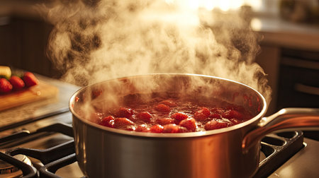 A bubbling pot of strawberry jam on a stovetop, with steam rising in a cozy kitchenの素材