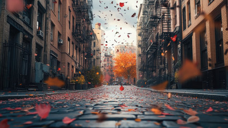 An urban street with autumn leaves flying around in the wind, adding color to the bustling cityscapeの素材