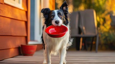 A border collie holding a red bowl in its mouth while standing on a wooden porchの素材