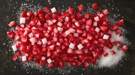An overhead view of chopped strawberries and granulated sugar arranged neatly for jam makingの素材