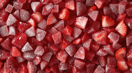 An overhead view of chopped strawberries and granulated sugar arranged neatly for jam makingの素材