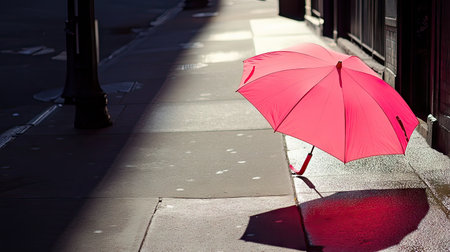A bright pink umbrella casting a shadow on a city sidewalk during a sunny afternoonの素材