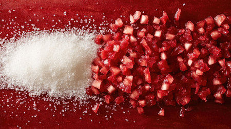 An overhead view of chopped strawberries and granulated sugar arranged neatly for jam makingの素材