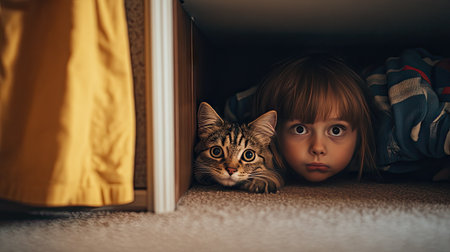 A child lying on the floor, looking under a closet for their hiding catの素材