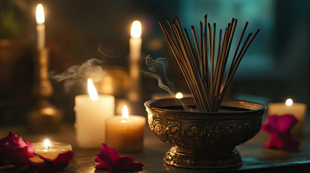 A bundle of incense sticks in a decorative holder, surrounded by warm candlelight and soft shadowsの素材