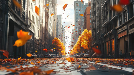 An urban street with autumn leaves flying around in the wind, adding color to the bustling cityscapeの素材