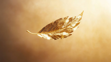 A close-up of a single golden leaf drifting through the air, backlit by soft sunlightの素材