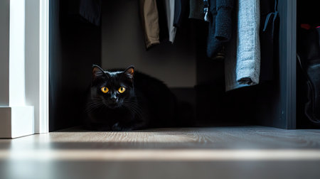 A black cat blending into the shadows under a modern closetの素材