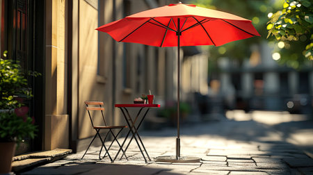 A bright red umbrella shading a small caf table on a summer street cornerの素材